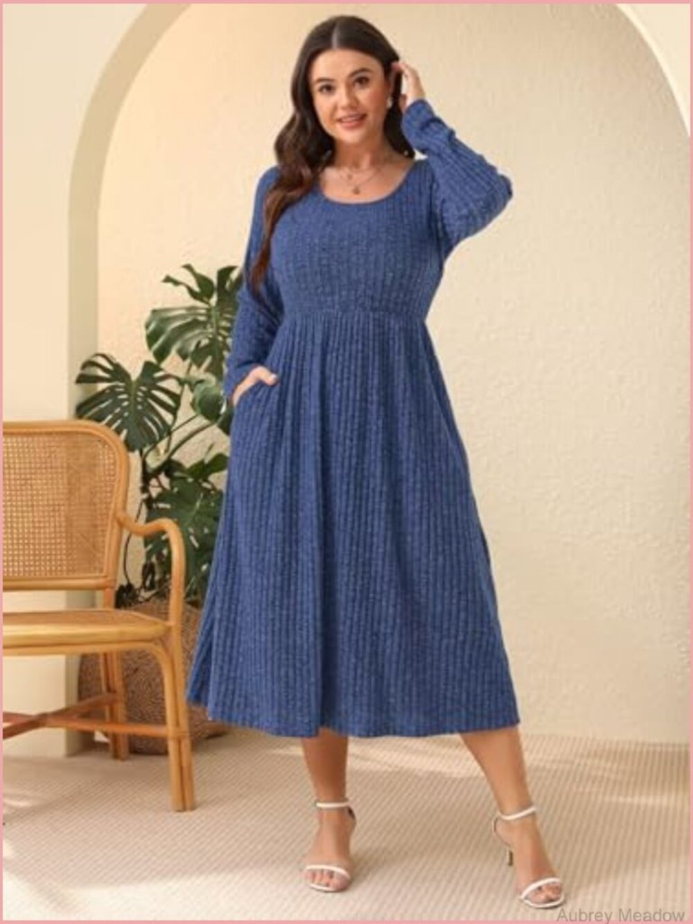 Plus Size Sweater Dress with Pockets Long Sleeve Midi Scoop Neck Casual - Picture 2 of 7